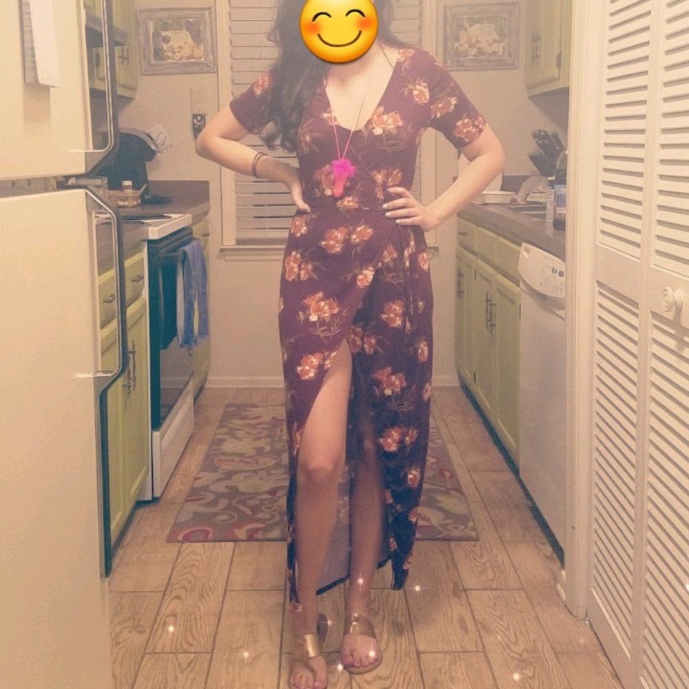 Maroon/floral wrap dress
